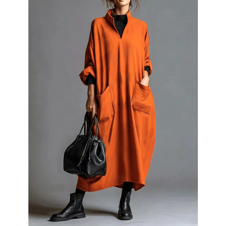 Full Size Loose-Fit Mock Neck Midi Dress with Pockets Plus Orange-red / S Apparel and Accessories