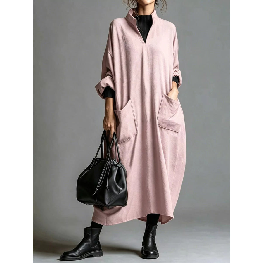 Full Size Loose-Fit Mock Neck Midi Dress with Pockets Plus Pink / S Apparel and Accessories