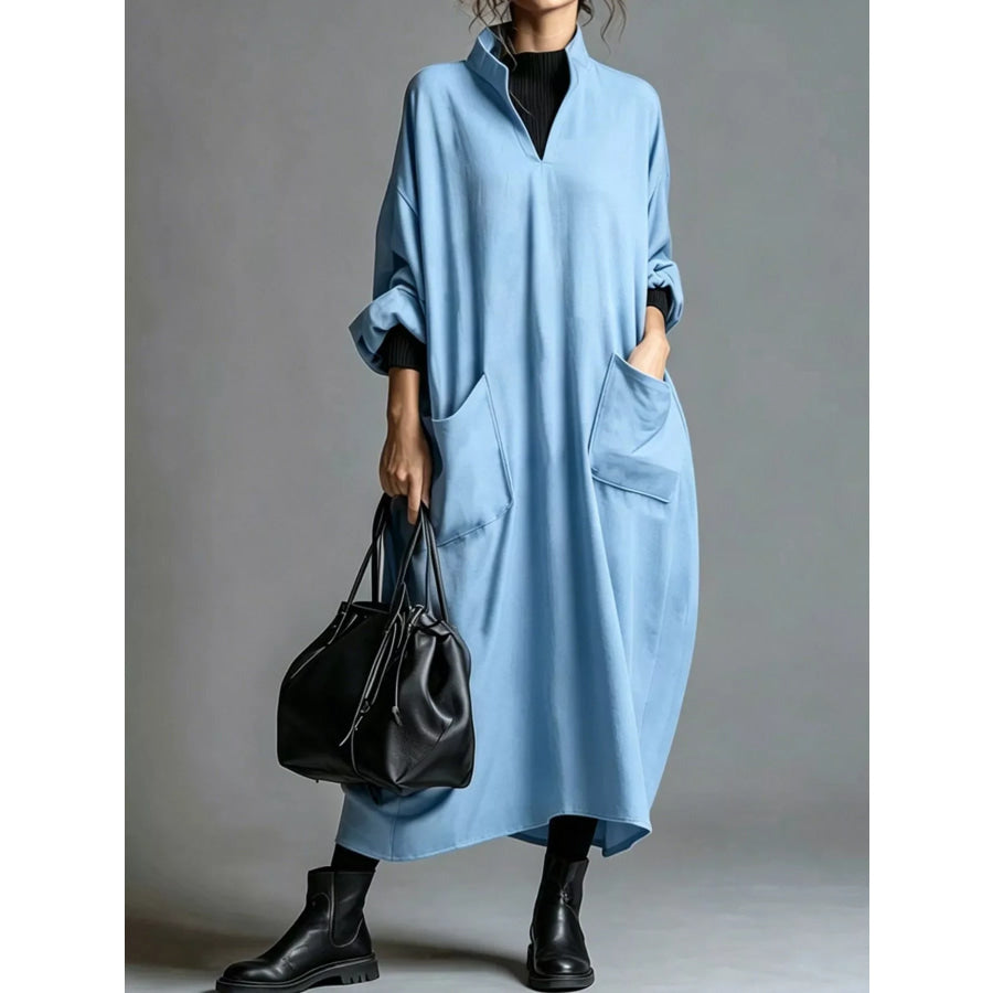 Full Size Loose-Fit Mock Neck Midi Dress with Pockets Plus Sky Blue / S Apparel and Accessories
