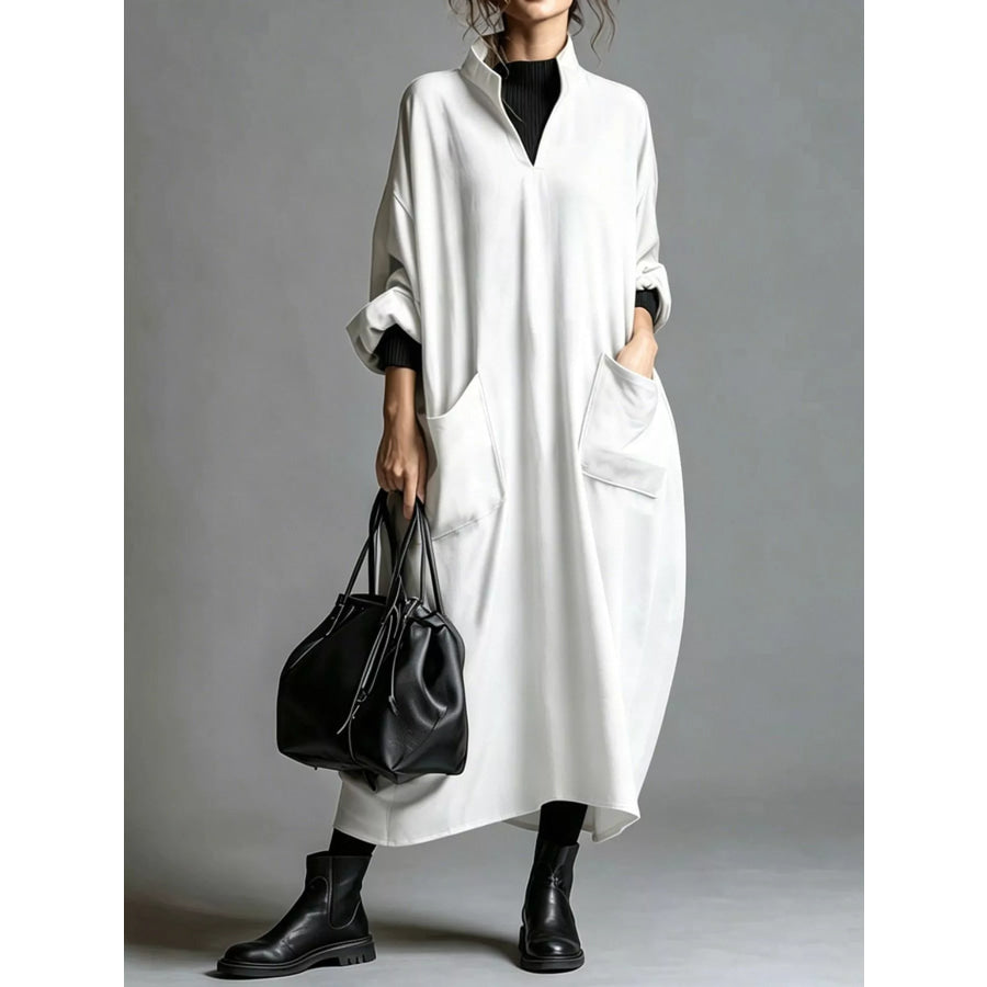 Full Size Loose-Fit Mock Neck Midi Dress with Pockets Plus White / S Apparel and Accessories