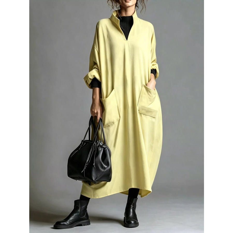 Full Size Loose-Fit Mock Neck Midi Dress with Pockets Plus Yellow / S Apparel and Accessories
