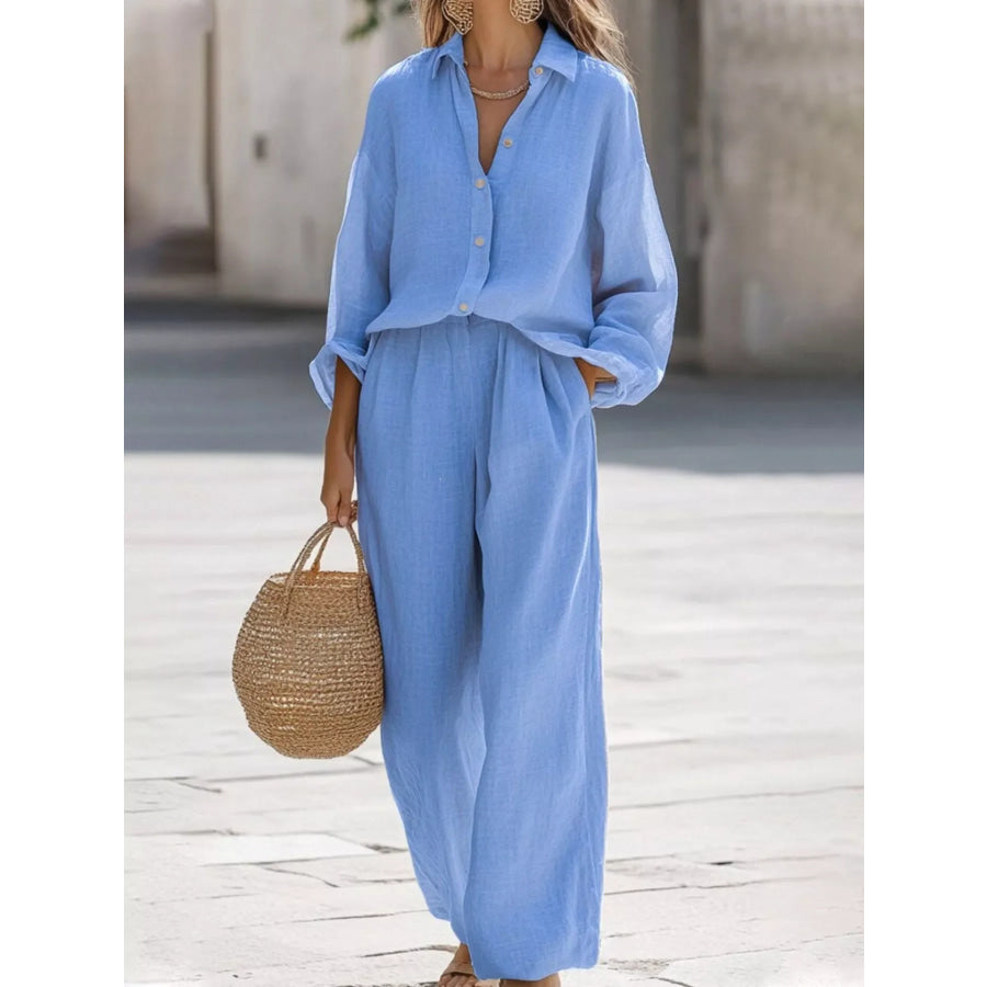 Full Size Loose Fit Shirt and Wide Leg Pants Set Plus Size Blue / S Apparel and Accessories