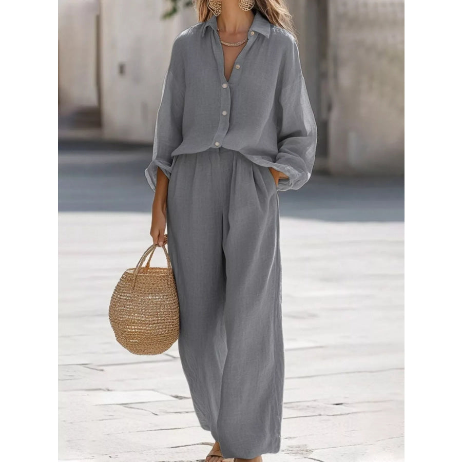 Full Size Loose Fit Shirt and Wide Leg Pants Set Plus Size Grey / S Apparel and Accessories