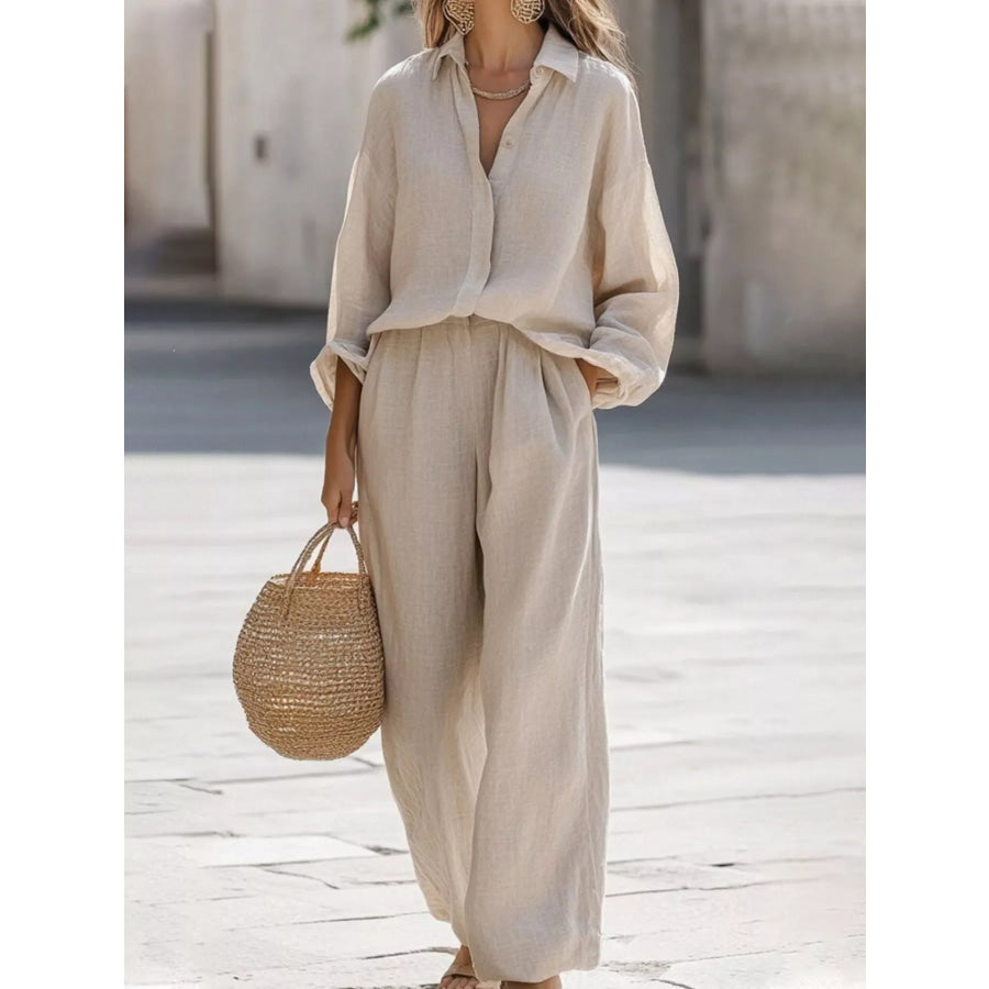 Full Size Loose Fit Shirt and Wide Leg Pants Set Plus Size Khaki / S Apparel and Accessories
