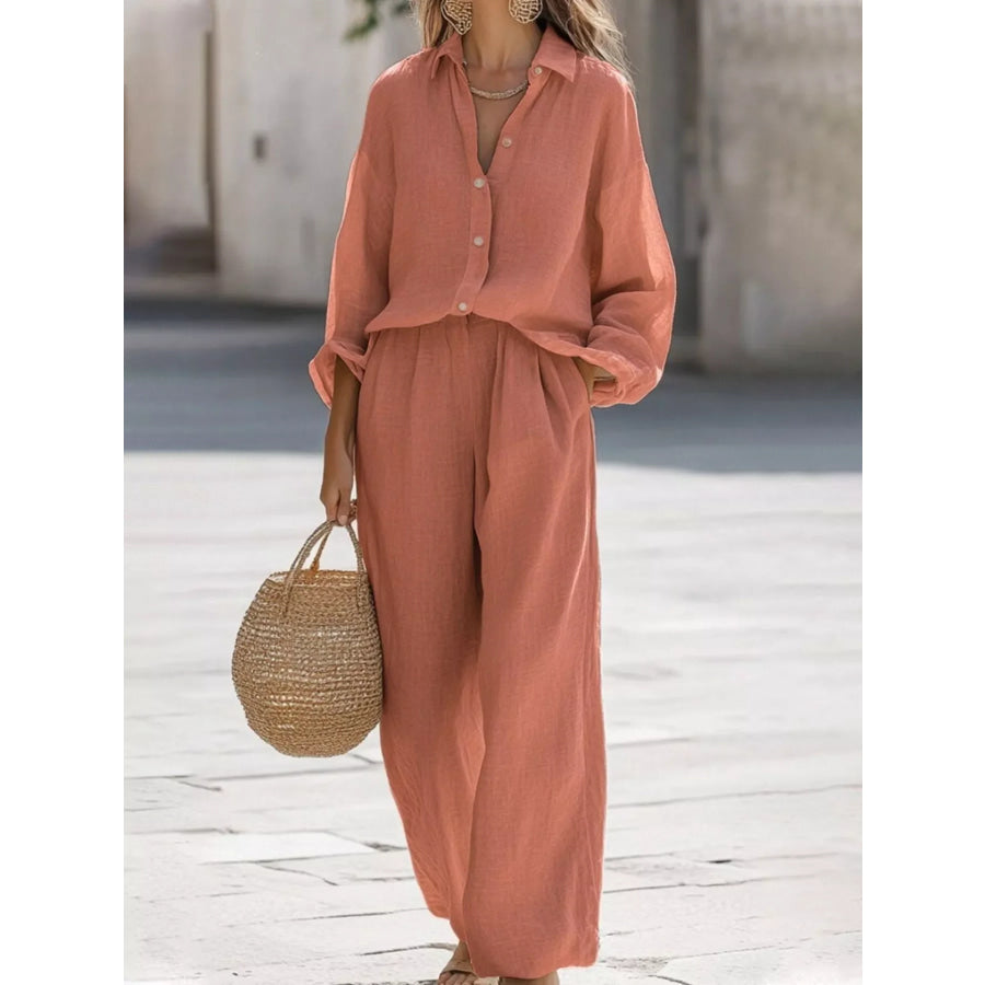 Full Size Loose Fit Shirt and Wide Leg Pants Set Plus Size Orange Red / S Apparel and Accessories