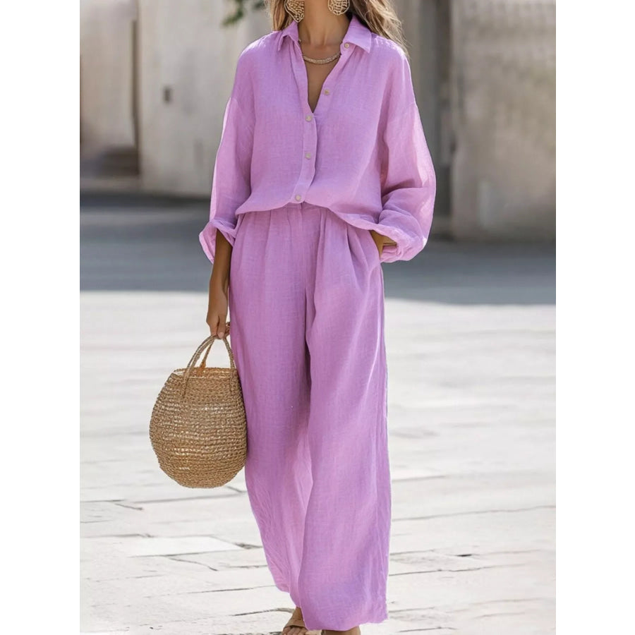Full Size Loose Fit Shirt and Wide Leg Pants Set Plus Size Purple / S Apparel and Accessories
