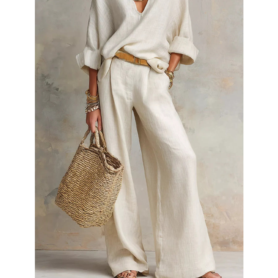 Full Size Loose Fit Top and Wide-Leg Pants Set Plus Size Apparel and Accessories