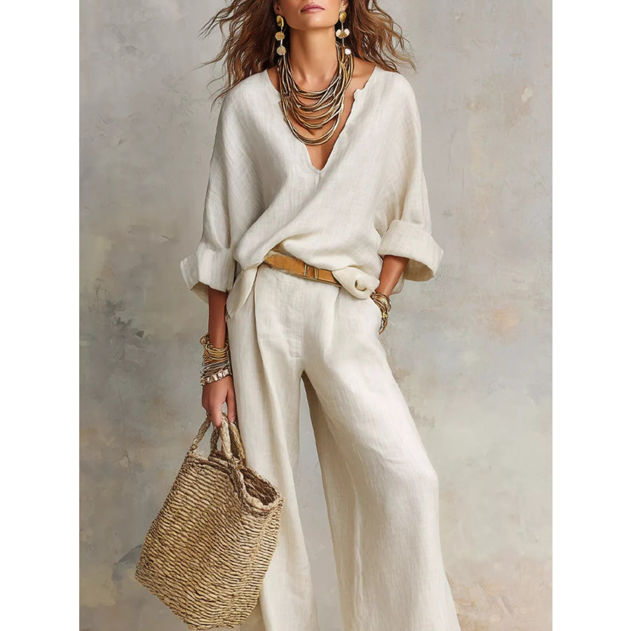 Full Size Loose Fit Top and Wide-Leg Pants Set Plus Size Apparel and Accessories