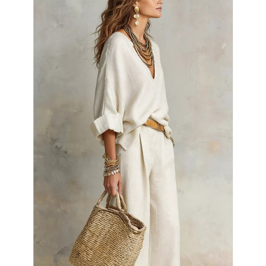 Full Size Loose Fit Top and Wide-Leg Pants Set Plus Size Apparel and Accessories