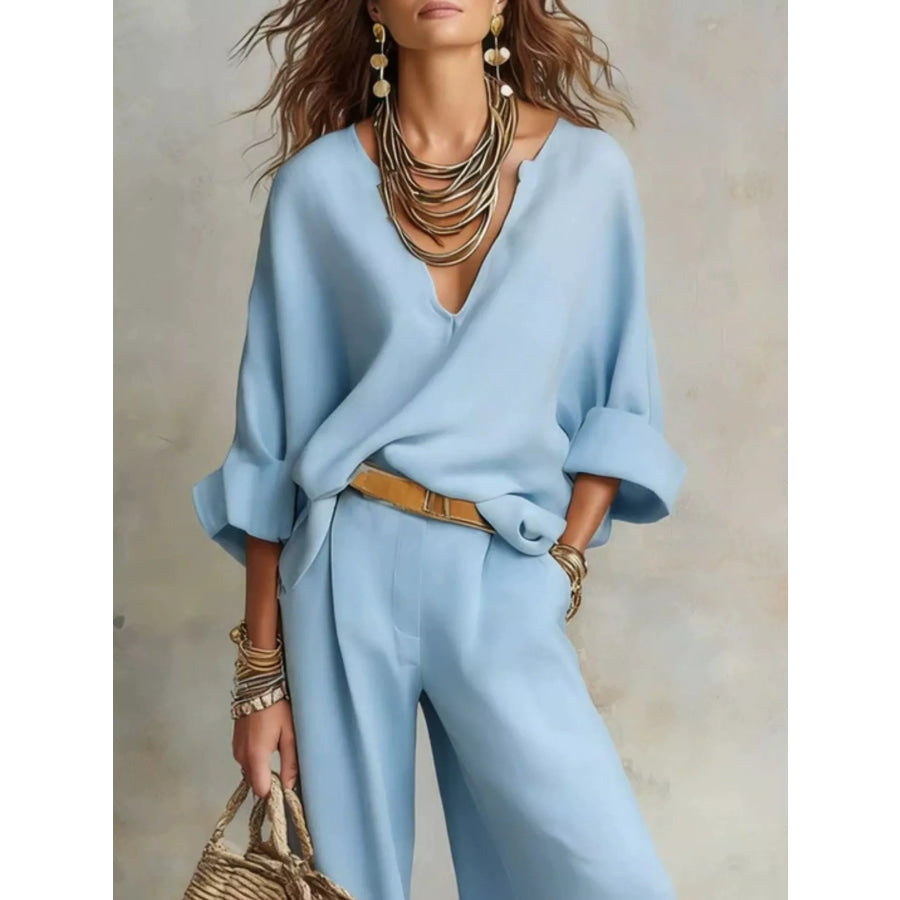 Full Size Loose Fit Top and Wide-Leg Pants Set Plus Size Apparel and Accessories