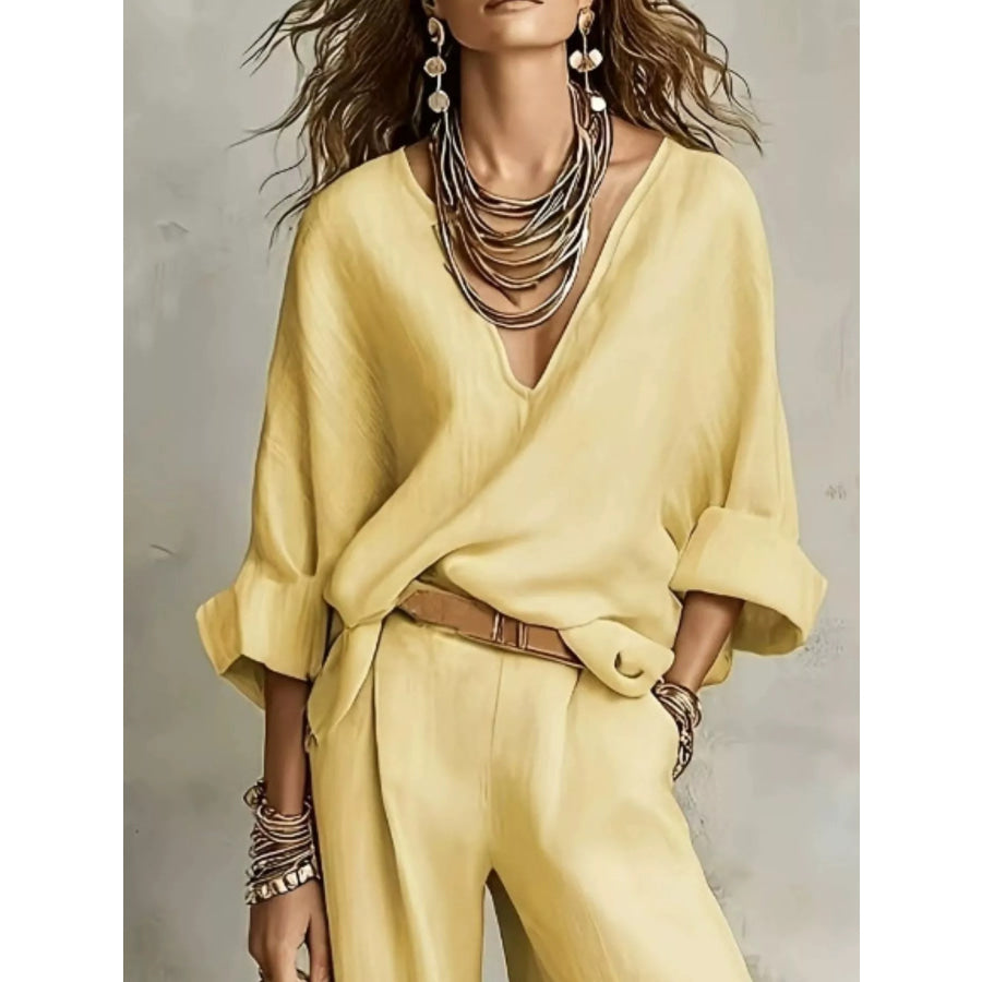 Full Size Loose Fit Top and Wide-Leg Pants Set Plus Size Apparel and Accessories