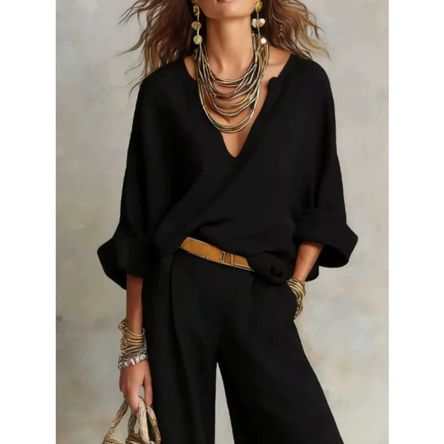 Full Size Loose Fit Top and Wide-Leg Pants Set Plus Size Apparel and Accessories