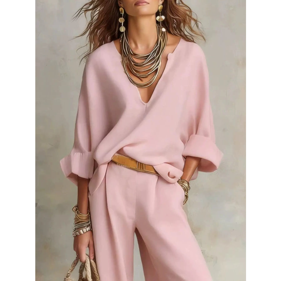 Full Size Loose Fit Top and Wide-Leg Pants Set Plus Size Apparel and Accessories