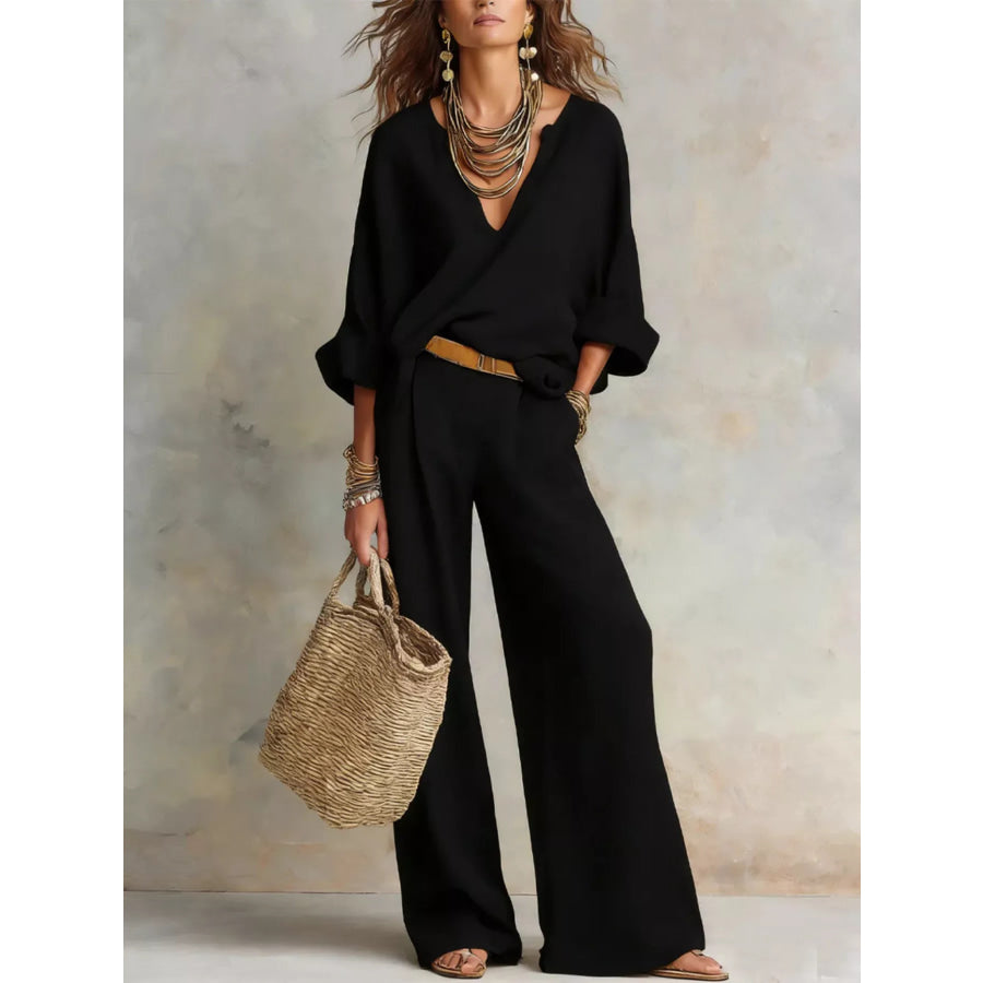 Full Size Loose Fit Top and Wide-Leg Pants Set Plus Size Black / S Apparel and Accessories