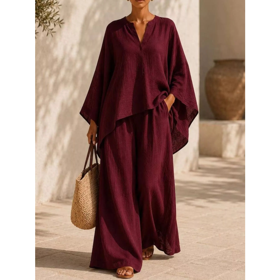 Full Size Loose Fit Top and Wide-Leg Pants Set Plus Burgundy / S Apparel Accessories