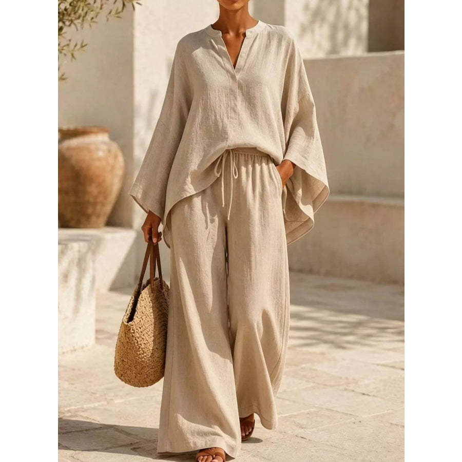 Full Size Loose Fit Top and Wide-Leg Pants Set Plus Khaki / S Apparel Accessories