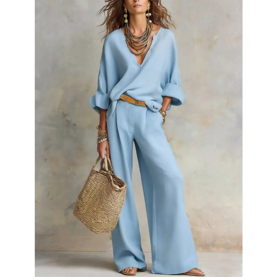 Full Size Loose Fit Top and Wide-Leg Pants Set Plus Size Light Blue / S Apparel and Accessories