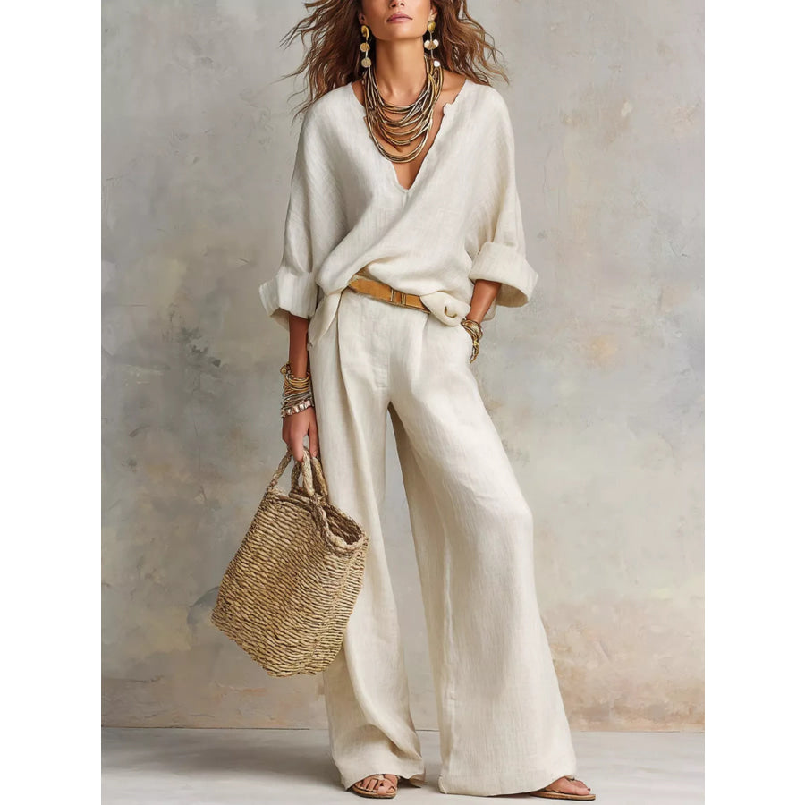 Full Size Loose Fit Top and Wide-Leg Pants Set Plus Size Off-white / S Apparel and Accessories