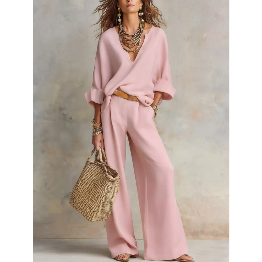 Full Size Loose Fit Top and Wide-Leg Pants Set Plus Size Pink / S Apparel and Accessories