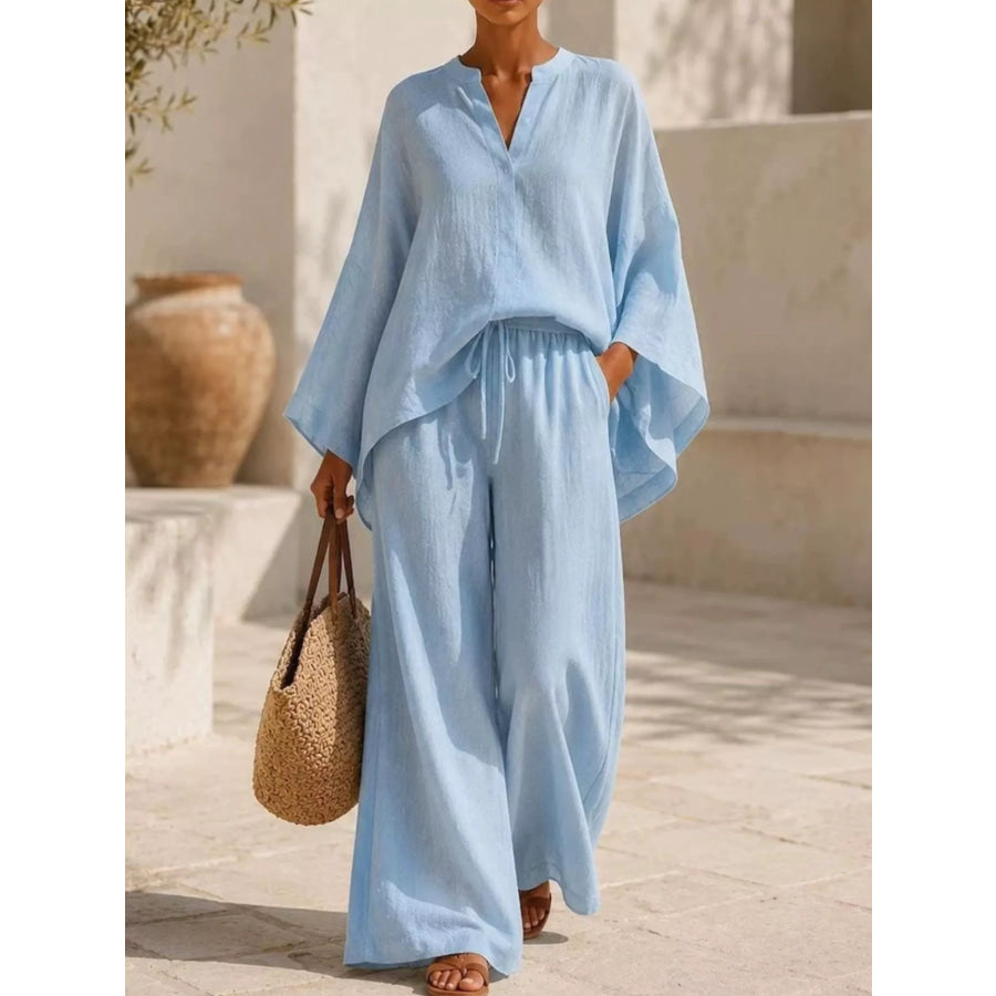 Full Size Loose Fit Top and Wide-Leg Pants Set Plus Sky Blue / S Apparel Accessories