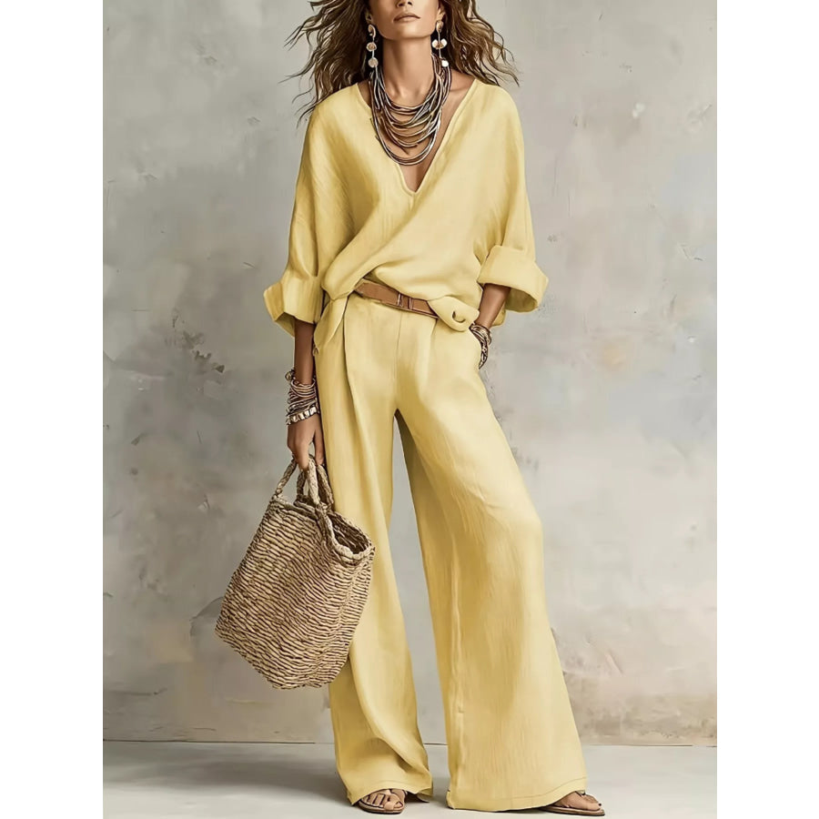 Full Size Loose Fit Top and Wide-Leg Pants Set Plus Size Yellow / S Apparel and Accessories
