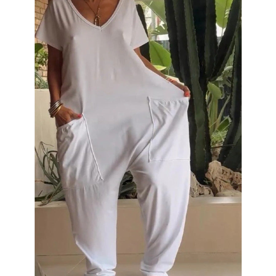 Full Size Loose Fit V-Neck Short Sleeve Wide Leg Jumpsuit Plus Size Apparel and Accessories