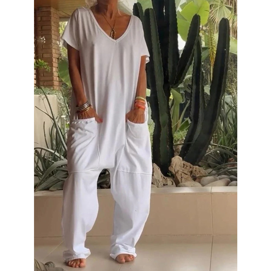 Full Size Loose Fit V-Neck Short Sleeve Wide Leg Jumpsuit Plus Size Apparel and Accessories