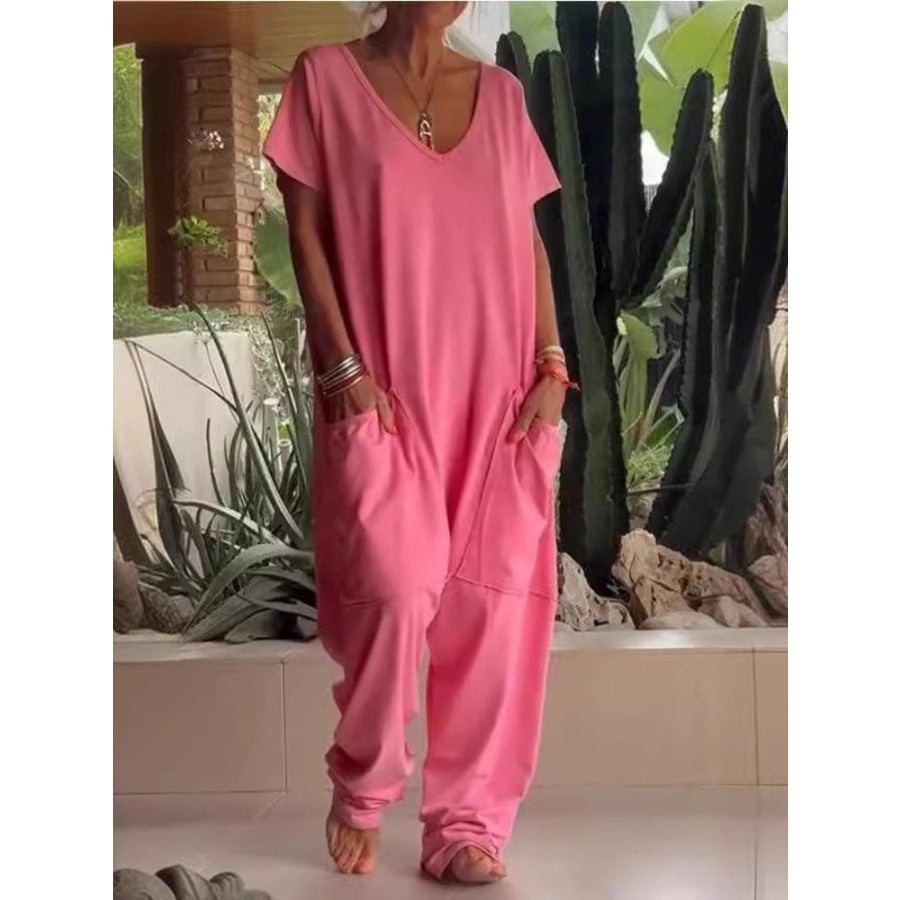 Full Size Loose Fit V-Neck Short Sleeve Wide Leg Jumpsuit Plus Size Apparel and Accessories