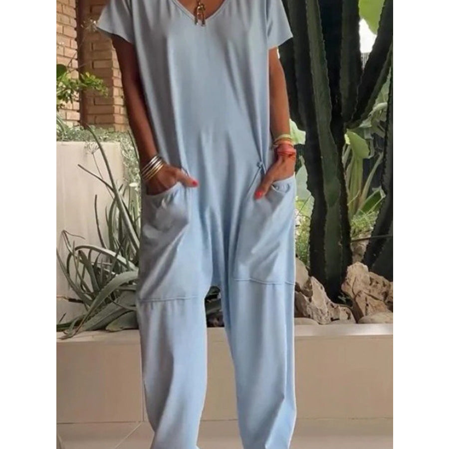 Full Size Loose Fit V-Neck Short Sleeve Wide Leg Jumpsuit Plus Size Blue / S Apparel and Accessories