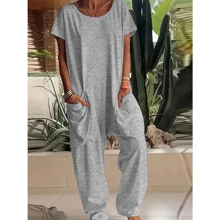 Full Size Loose Fit V-Neck Short Sleeve Wide Leg Jumpsuit Plus Size Floral Gray / S Apparel and Accessories