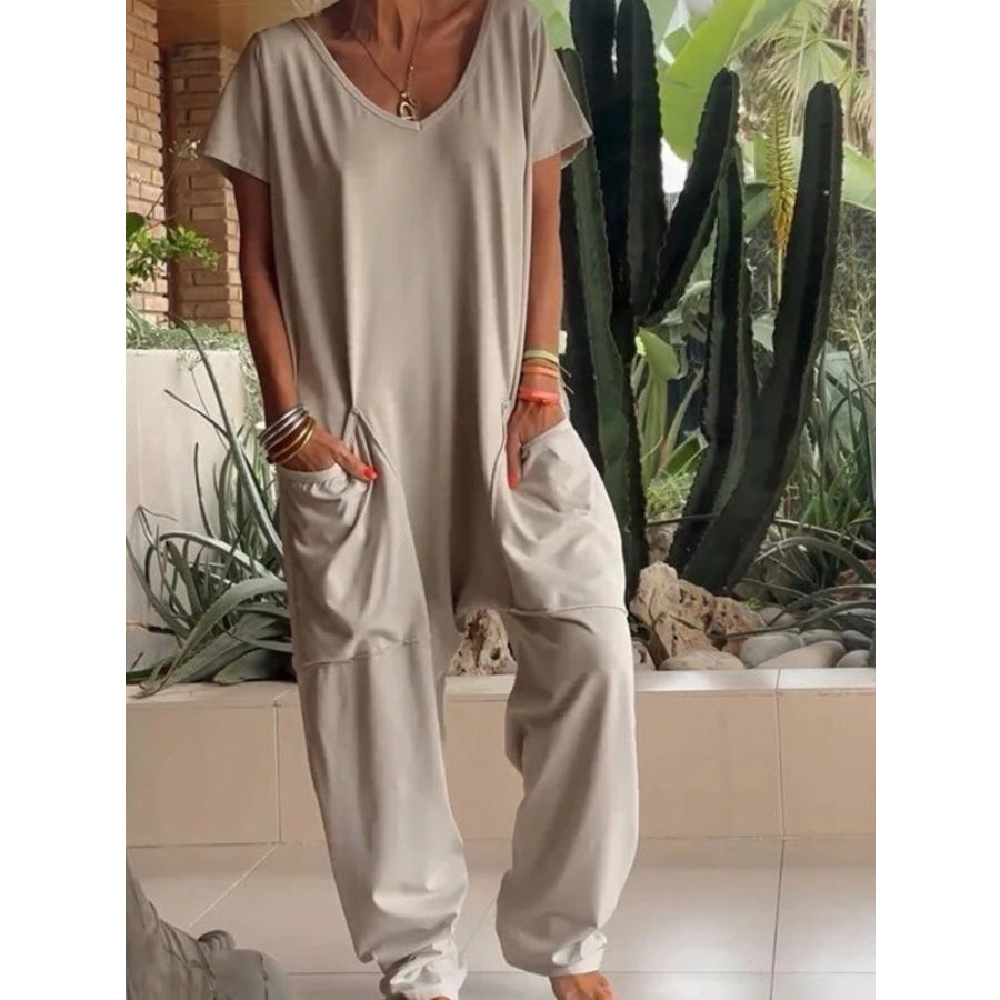 Full Size Loose Fit V-Neck Short Sleeve Wide Leg Jumpsuit Plus Size Khaki / S Apparel and Accessories