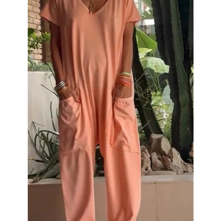 Full Size Loose Fit V-Neck Short Sleeve Wide Leg Jumpsuit Plus Size Orange / S Apparel and Accessories