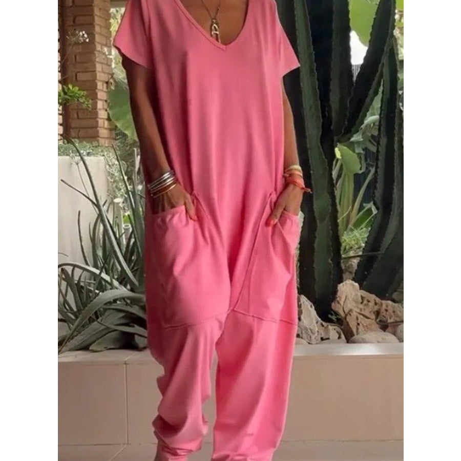 Full Size Loose Fit V-Neck Short Sleeve Wide Leg Jumpsuit Plus Size Pink / S Apparel and Accessories
