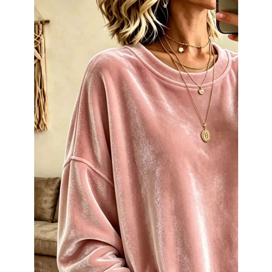Full Size Loose Fit Velvet Dropped Shoulder Sweatshirt Plus Apparel and Accessories