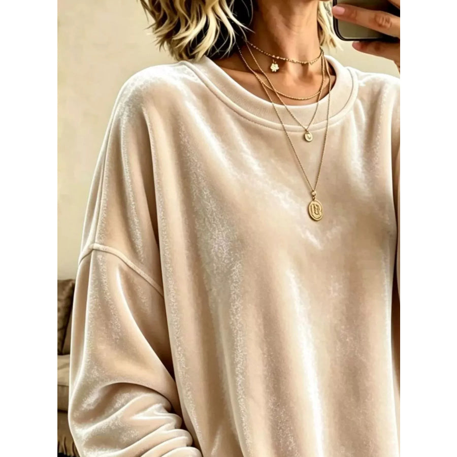 Full Size Loose Fit Velvet Dropped Shoulder Sweatshirt Plus Apparel and Accessories