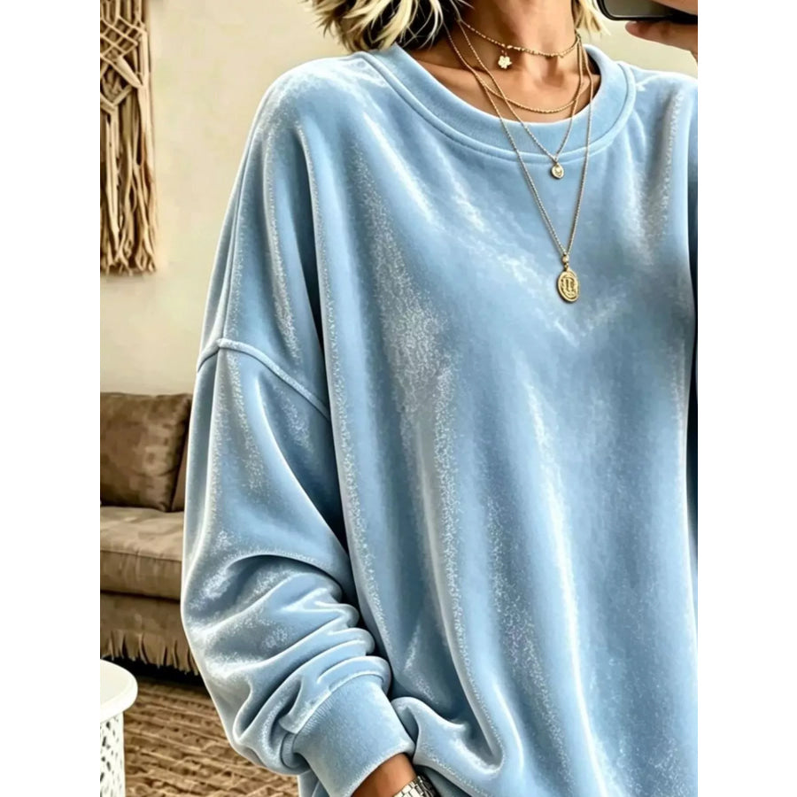Full Size Loose Fit Velvet Dropped Shoulder Sweatshirt Plus Apparel and Accessories