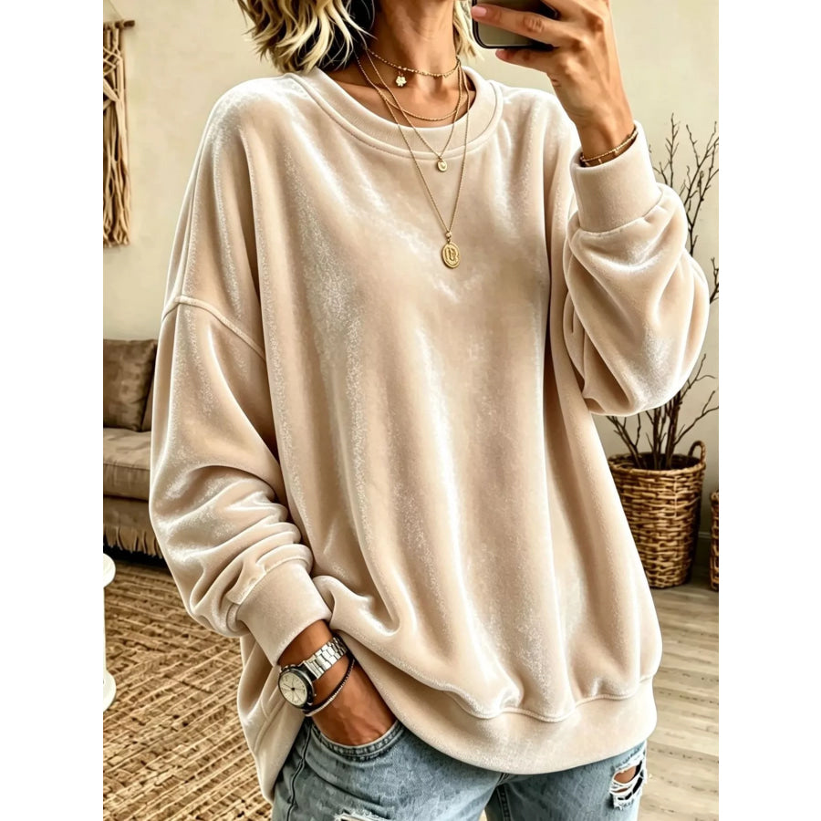 Full Size Loose Fit Velvet Dropped Shoulder Sweatshirt Plus Apricot / S Apparel and Accessories
