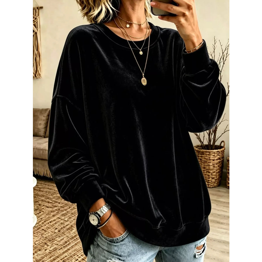 Full Size Loose Fit Velvet Dropped Shoulder Sweatshirt Plus Black / S Apparel and Accessories