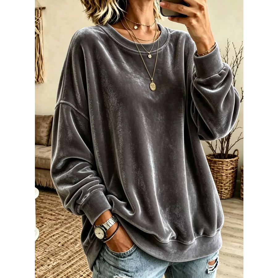 Full Size Loose Fit Velvet Dropped Shoulder Sweatshirt Plus Dark Gray / S Apparel and Accessories