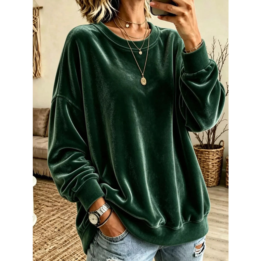 Full Size Loose Fit Velvet Dropped Shoulder Sweatshirt Plus Dark Green / S Apparel and Accessories