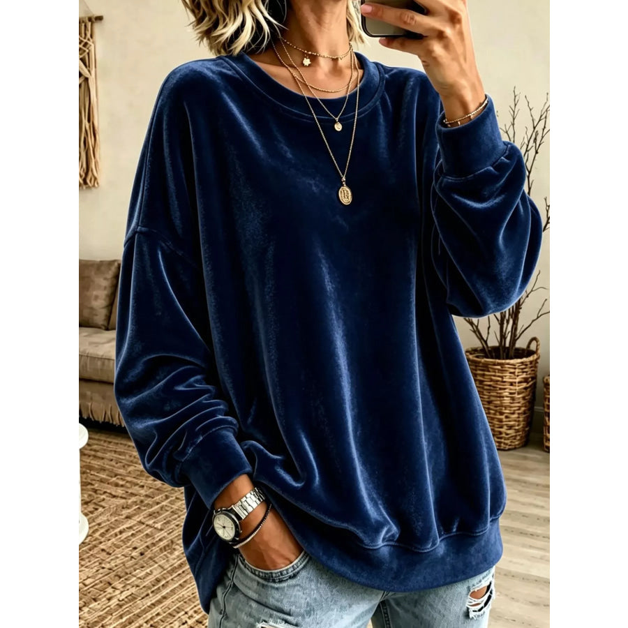 Full Size Loose Fit Velvet Dropped Shoulder Sweatshirt Plus Navy / S Apparel and Accessories