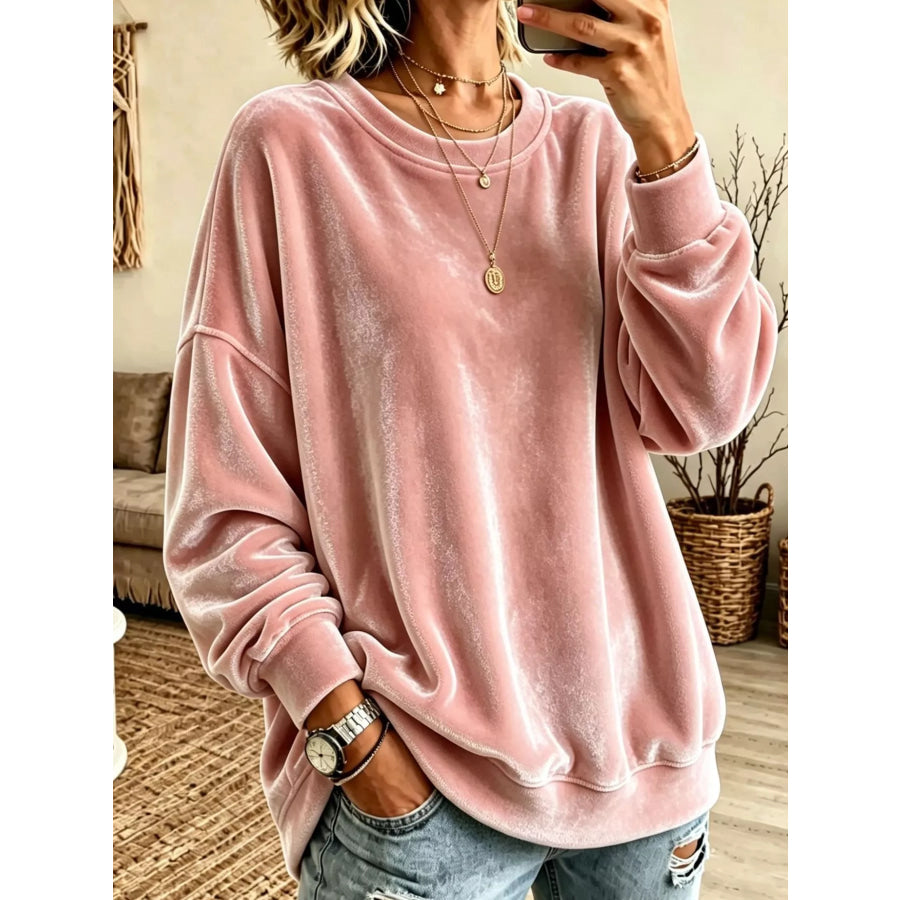 Full Size Loose Fit Velvet Dropped Shoulder Sweatshirt Plus Pink / S Apparel and Accessories
