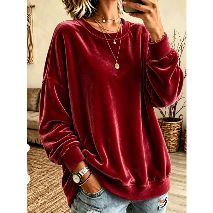 Full Size Loose Fit Velvet Dropped Shoulder Sweatshirt Plus Red / S Apparel and Accessories