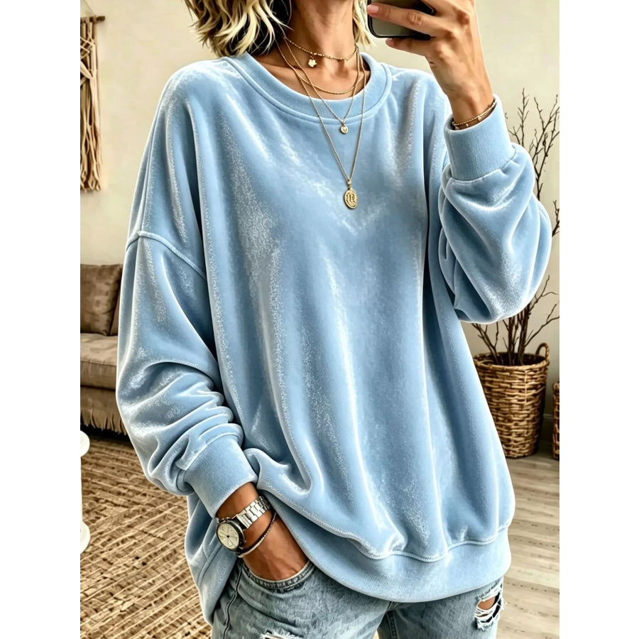 Full Size Loose Fit Velvet Dropped Shoulder Sweatshirt Plus Sky Blue / S Apparel and Accessories