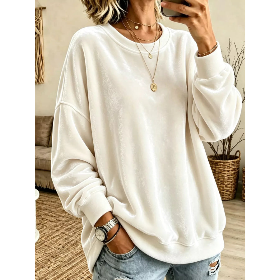Full Size Loose Fit Velvet Dropped Shoulder Sweatshirt Plus White / S Apparel and Accessories