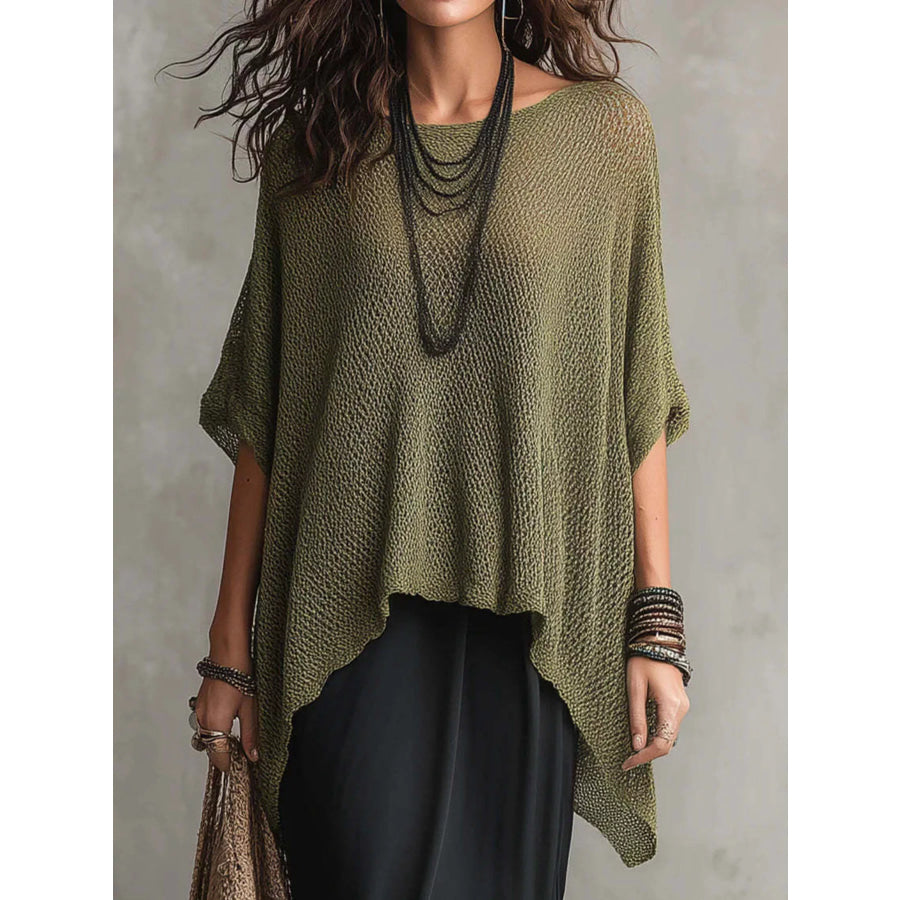 Full Size Loose Knit Round Neck Top Plus Size Green / S Apparel and Accessories