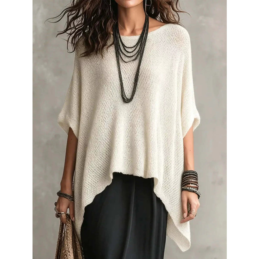Full Size Loose Knit Round Neck Top Plus Size White / S Apparel and Accessories