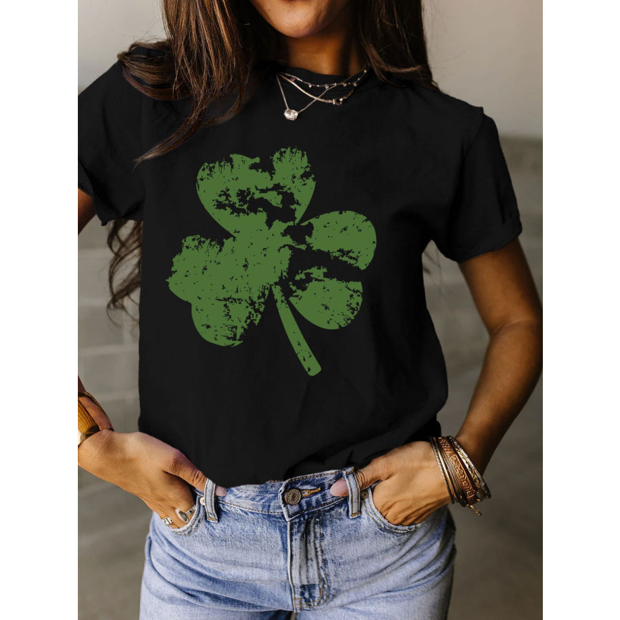 Full Size Lucky Clover Round Neck Short Sleeve T - Shirt Black / S Apparel and Accessories