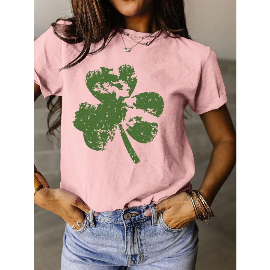 Full Size Lucky Clover Round Neck Short Sleeve T - Shirt Blush Pink / S Apparel and Accessories