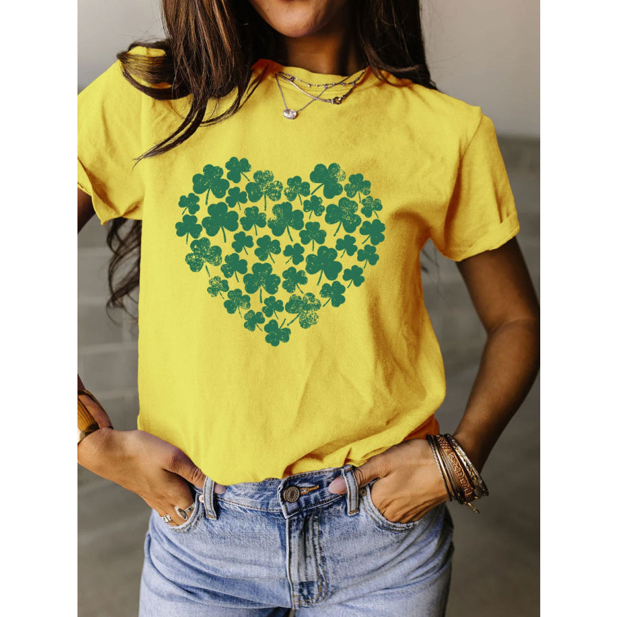 Full Size Lucky Clover Round Neck Short Sleeve T - Shirt Canary Yellow / S Apparel and Accessories